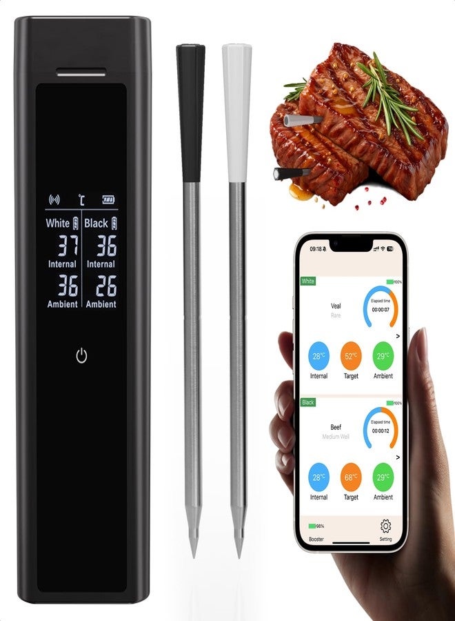 Grebilux Wireless Meat Thermometer with 2 Color-Coded Probes, ±1.8℉ Accuracy, IP67 Waterproof, App Control & Real-Time Monitoring, Two-Way Alerts for Kitchen, BBQ, Grill, Oven, Smoker - Image 1